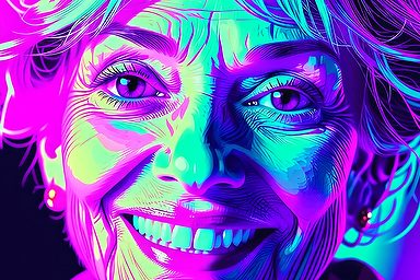 Vrouw met een stralende glimlach, gefilterd in levendige paarse en turquoise tinten.