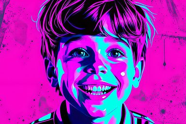 Kleurige illustratie van een lachende jonge jongen tegen een felle achtergrond.