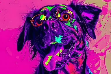 Kleurrijke afbeelding van een hond met een enthousiaste uitstraling en bril.