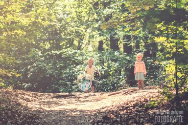 Twee kinderen spelen op een pad in een bos met groene bomen en zonlicht.