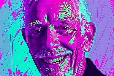 Portret van een oudere man met een vrolijke lach, weergegeven in felle neonkleuren.