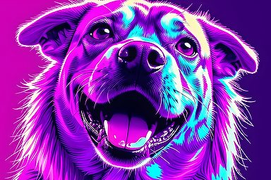 Kleurrijke, digitale afbeelding van een blije hond met een paarse en blauwe achtergrond.