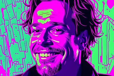 Portret van een man met een grote glimlach, gekleed in zwart, kleurrijke achtergrond.